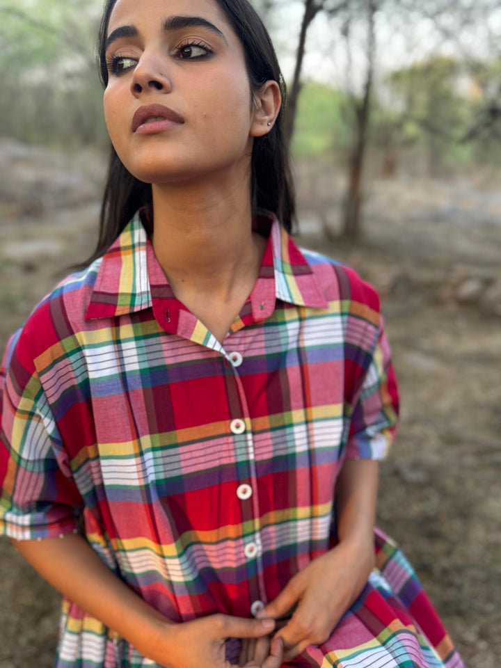 Mach, Madras Check Poplin Dress with Hand Embroidery - kinchecom