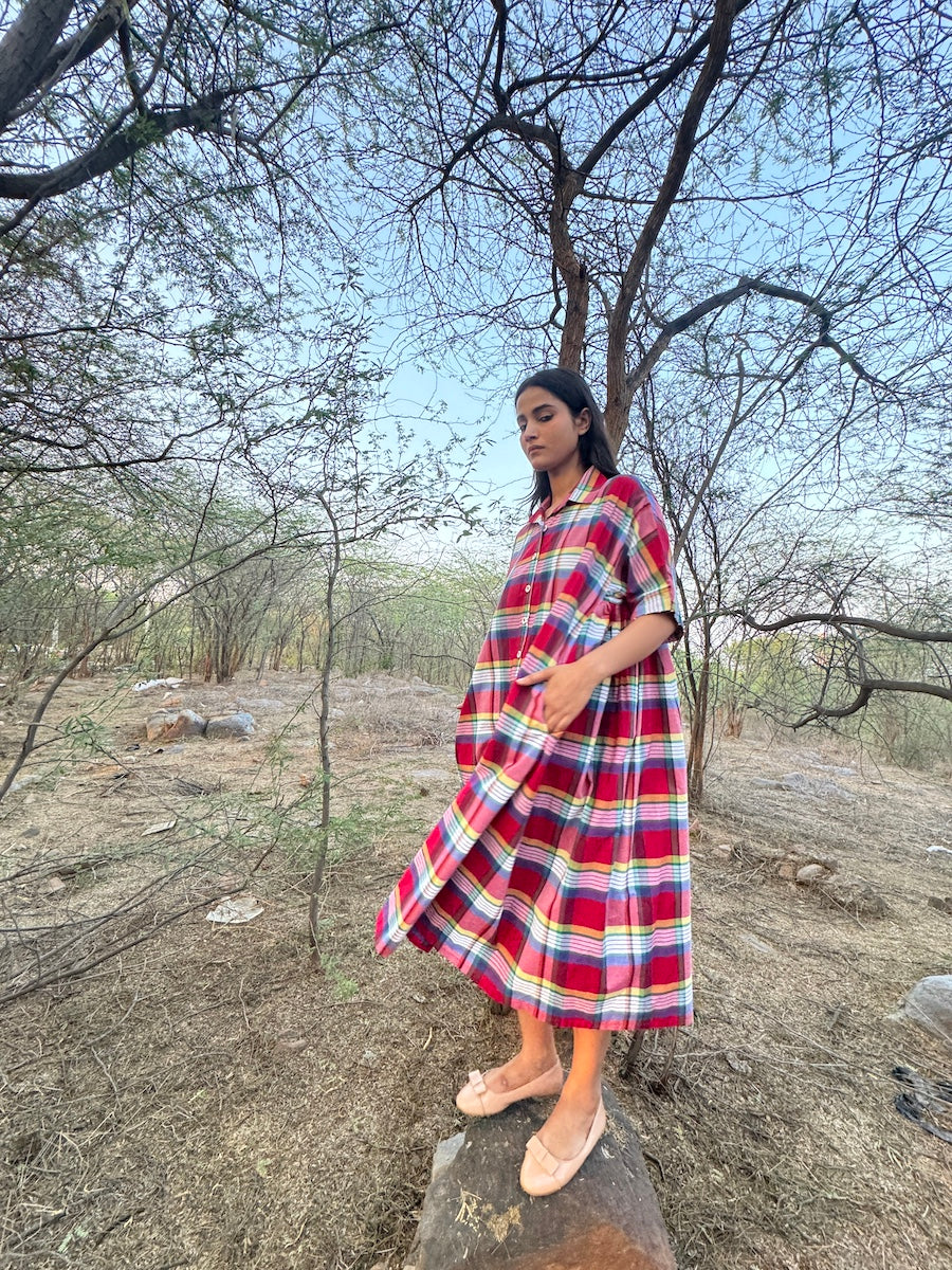 Mach, Madras Check Poplin Dress with Hand Embroidery - kinchecom