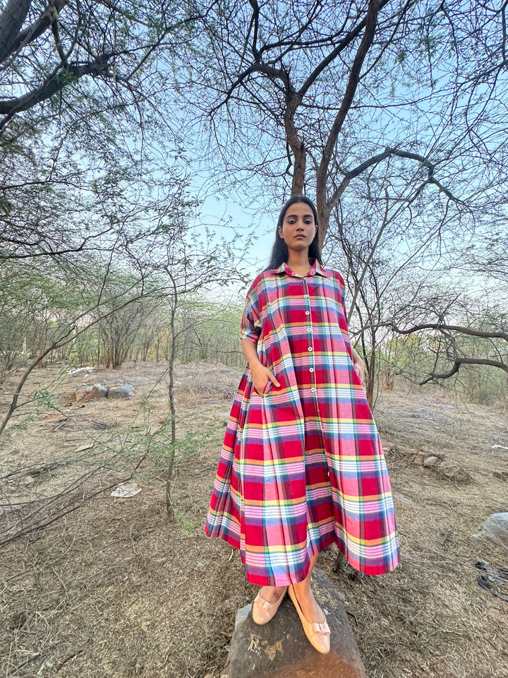 Mach, Madras Check Poplin Dress with Hand Embroidery - kinchecom