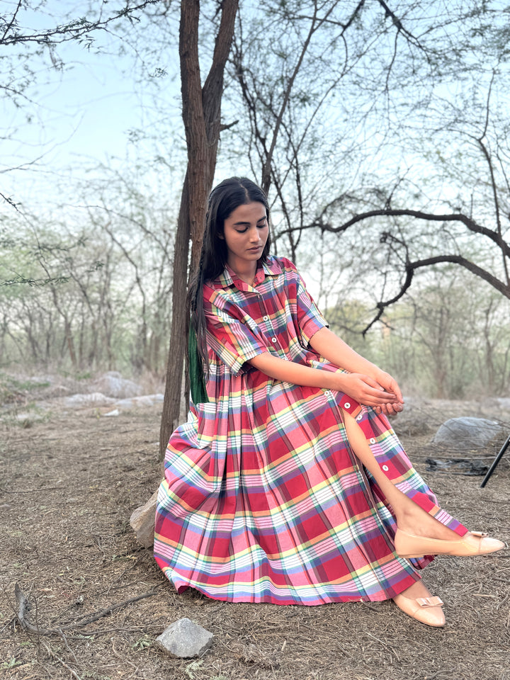 Mach, Madras Check Poplin Dress with Hand Embroidery - kinchecom
