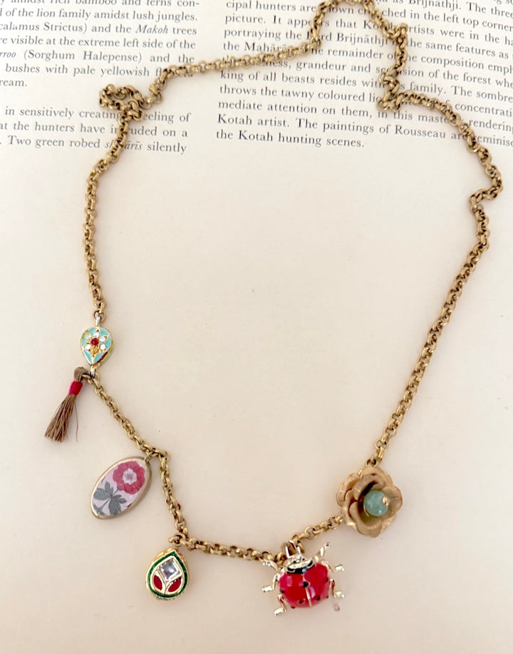 Beetle, Vintage Charms, Brass, Aventurine Bead and Tassels Necklace, One of a Kind - kinchecom