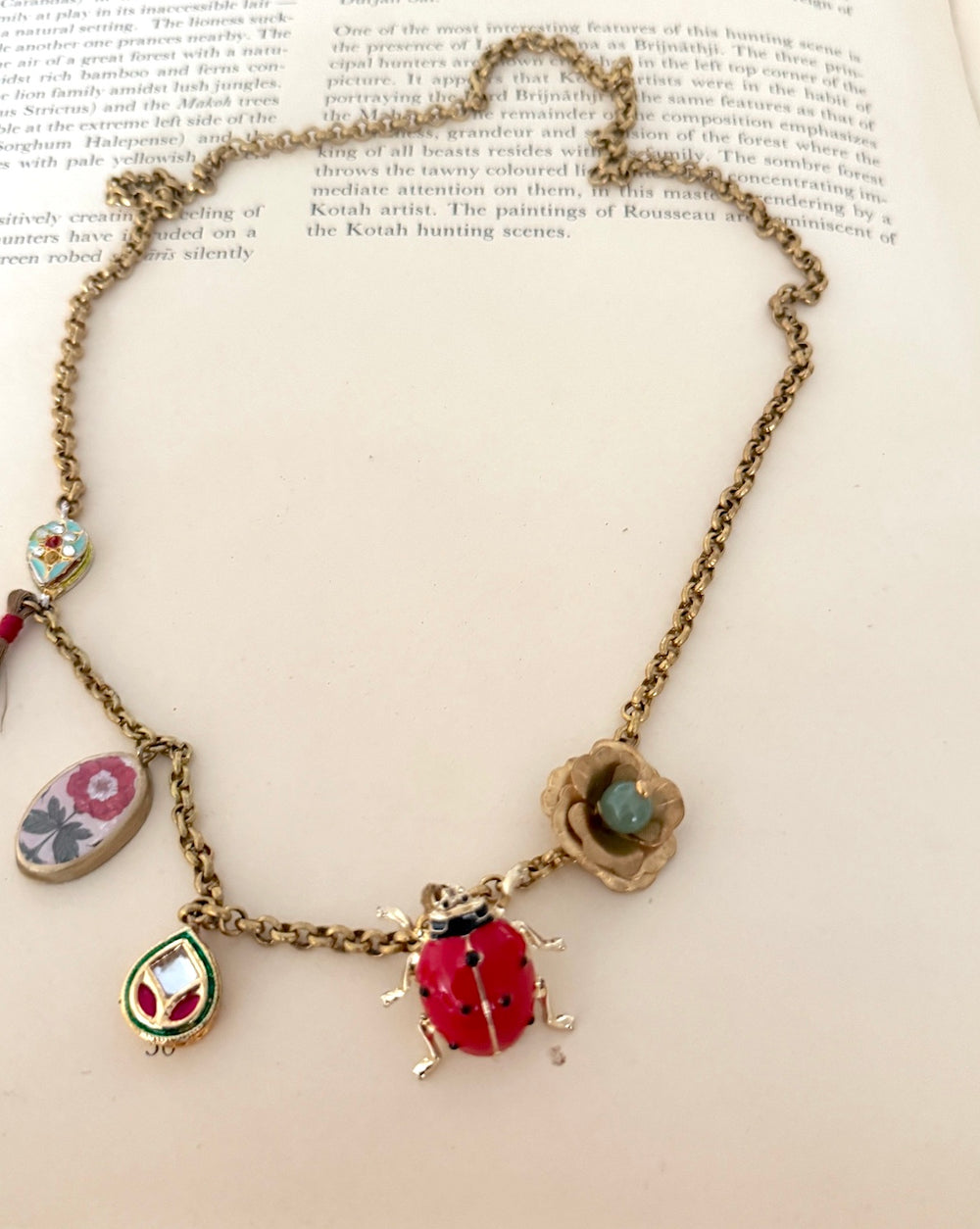 Beetle, Vintage Charms, Brass, Aventurine Bead and Tassels Necklace, One of a Kind - kinchecom