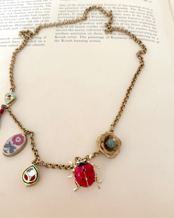 Beetle, Vintage Charms, Brass, Aventurine Bead and Tassels Necklace, One of a Kind - kinchecom