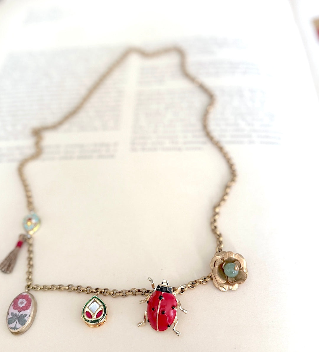Beetle, Vintage Charms, Brass, Aventurine Bead and Tassels Necklace, One of a Kind - kinchecom