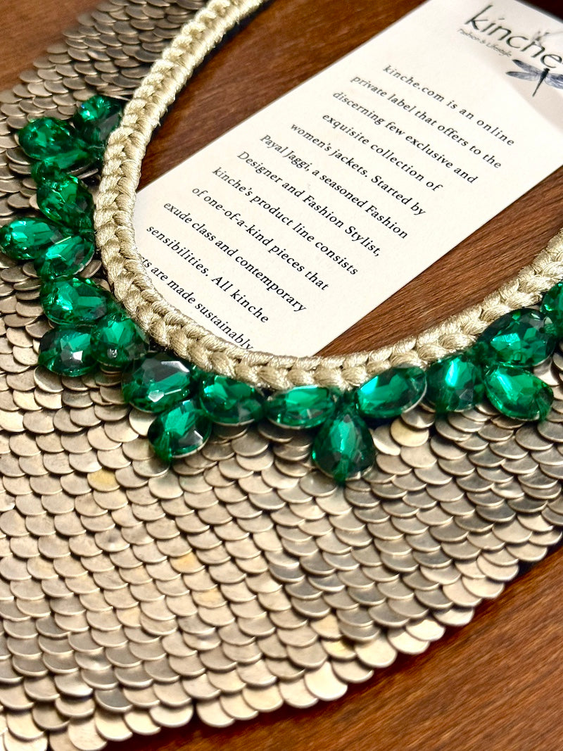 Indus, Handmade Pure Brass and Emerald Green Swarovski Stones necklace - kinchecom