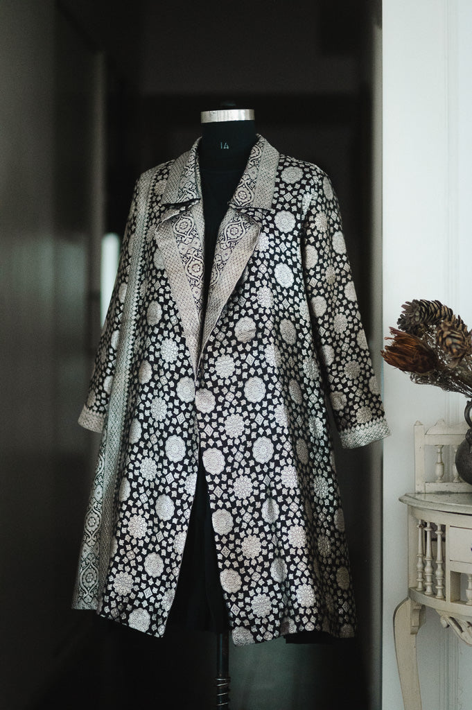 Jama 39, Long Robe Style Coat made with Vintage Zari Silk  Saree in Black and Vintage Silver