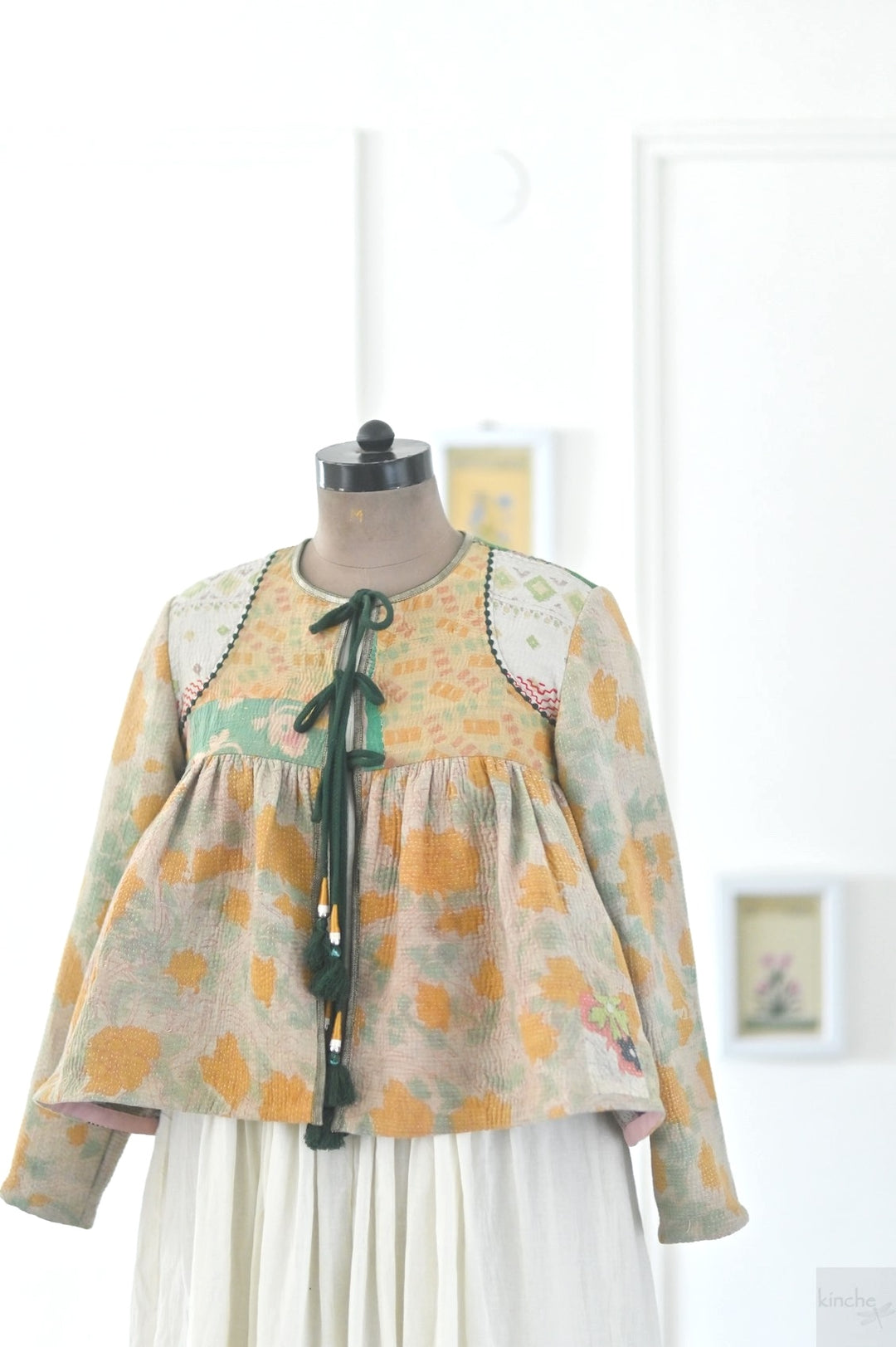 Basrah, Large Size, Vintage Kantha, Flared Boho Jacket with Front Ties &amp; Tassels - kinchecom