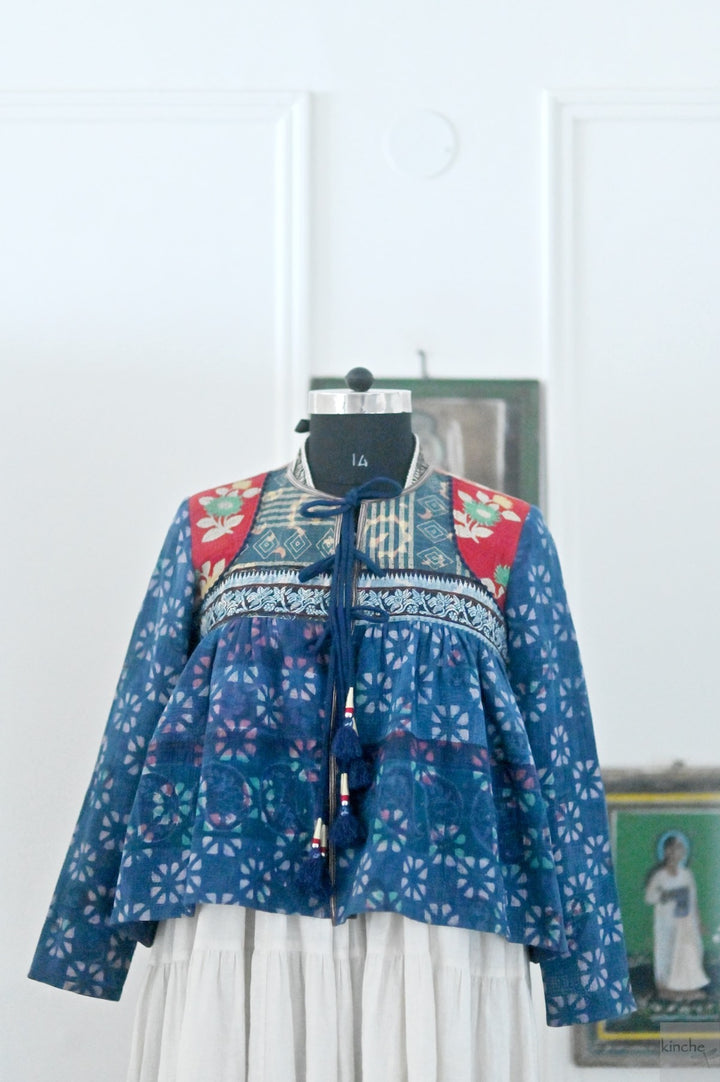 XL,Boston, Vintage Kantha, Flared Boho Jacket with Front Ties &amp; Tassels - kinchecom