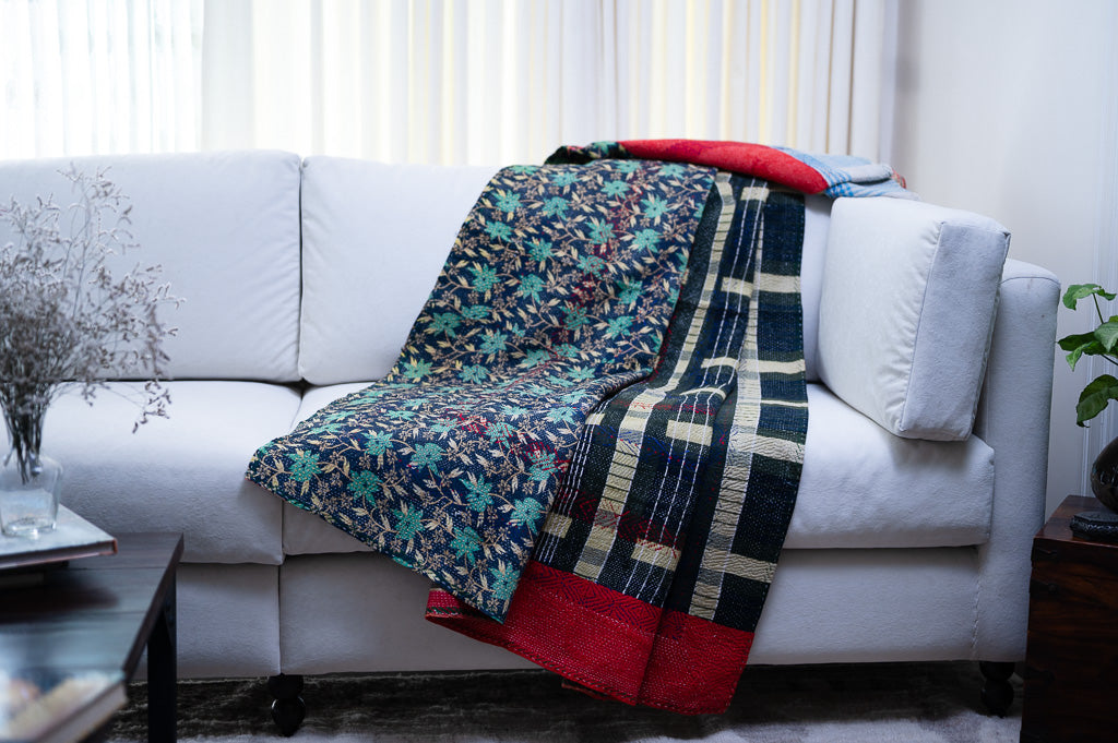 Bikaner, Vintage Hand Embroidered Kantha Quilt, Patchworked - kinchecom