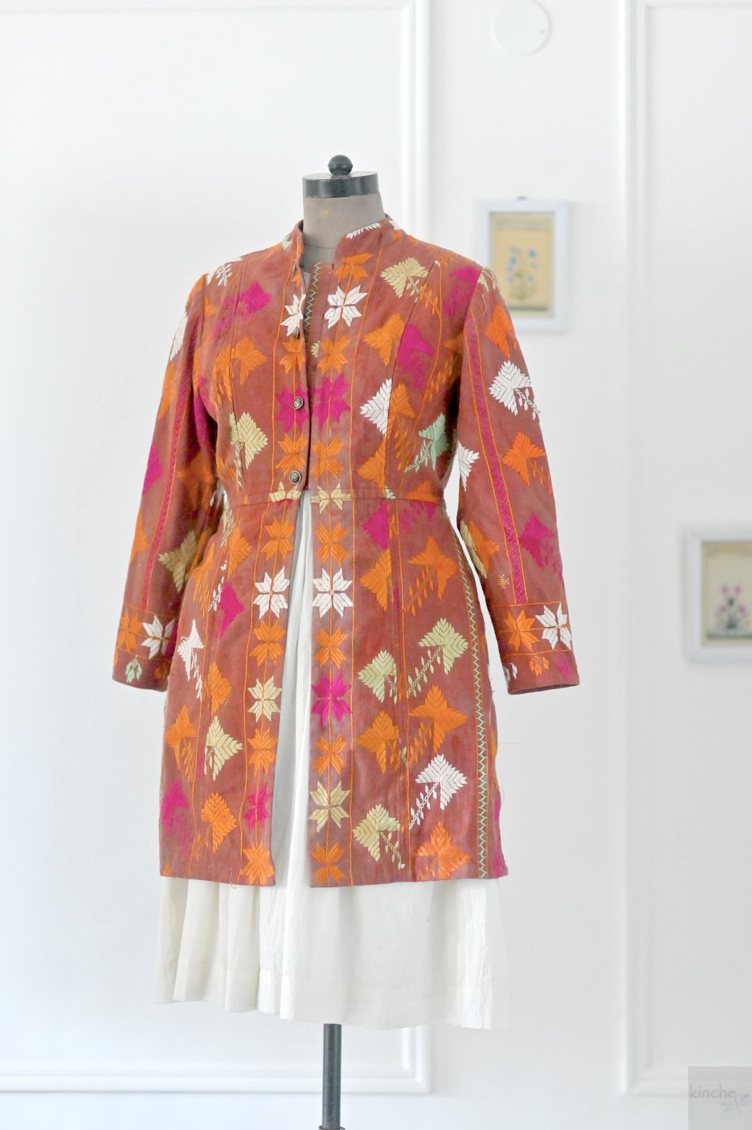 Gurkiran, Size large, Knee Length Jacket Made of Antique Phulkari Chaddar/ One of a Kind - kinchecom