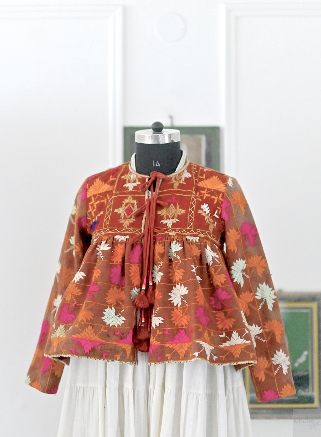 Avreen, Handmade Vintage Phulkari Cropped Boho Jacket, Kediya Style, Large - kinchecom