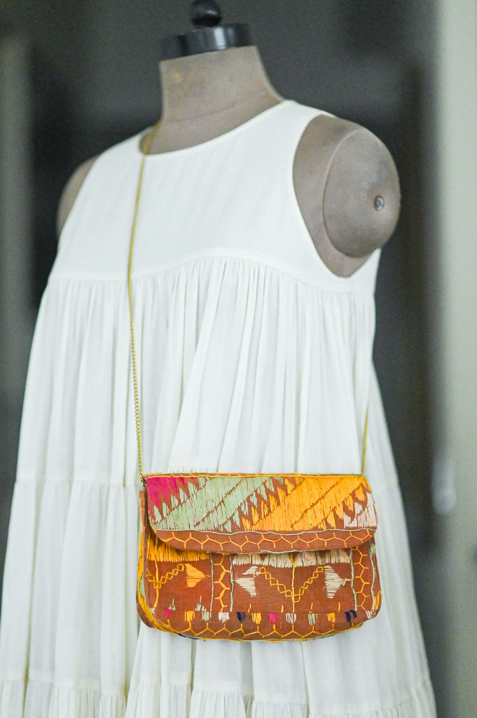 Kirti, Notebook Clutch made with Vintage Phulkari Bagh &amp; brass Chain