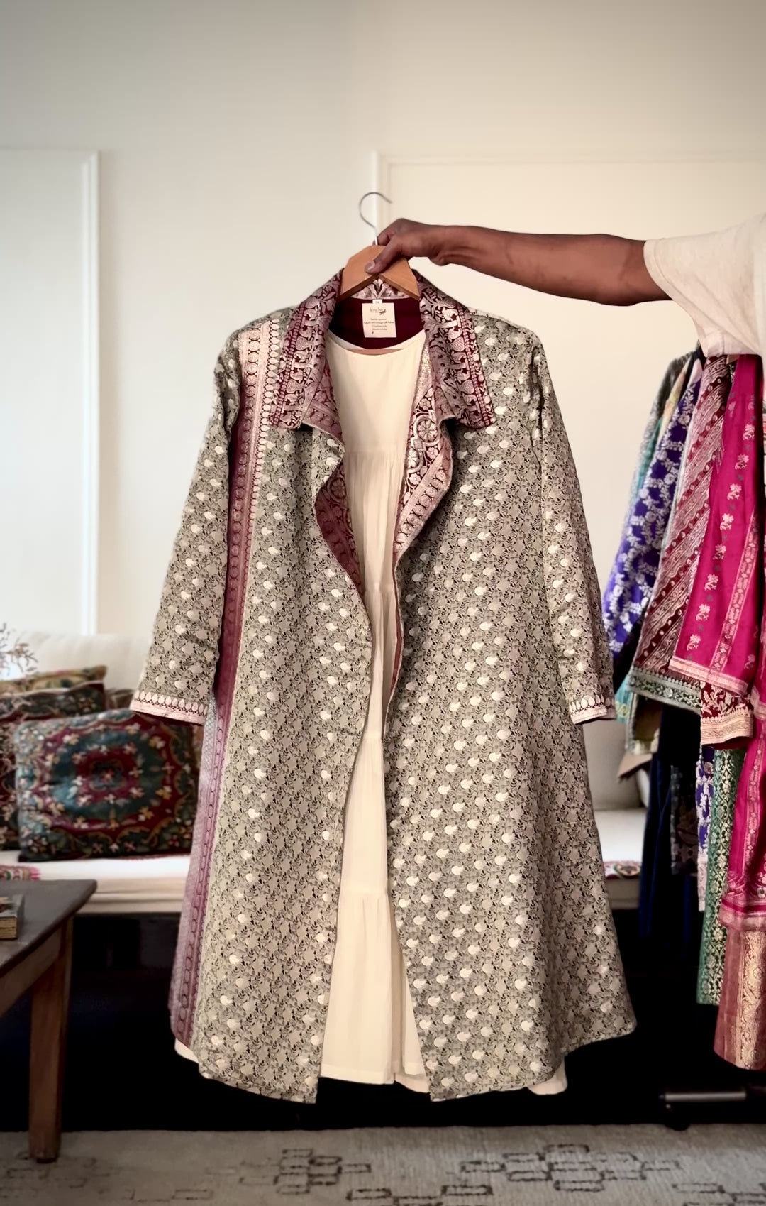 Jama 56, Long Robe Style Coat made with Vintage Zari Silk  Saree in Pastel Grey