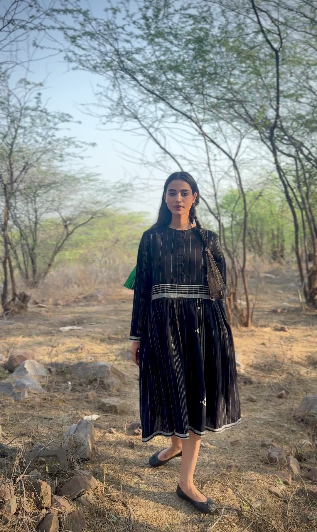 Cairo, Kala Cotton Organic Fabric Dress in Black &amp; Off White Pattern