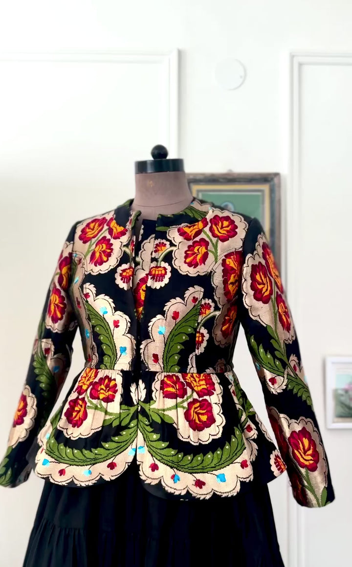 Dolma, Pure Gyasar Silk &amp; Copper Zari, Short Peplum Jacket in Black