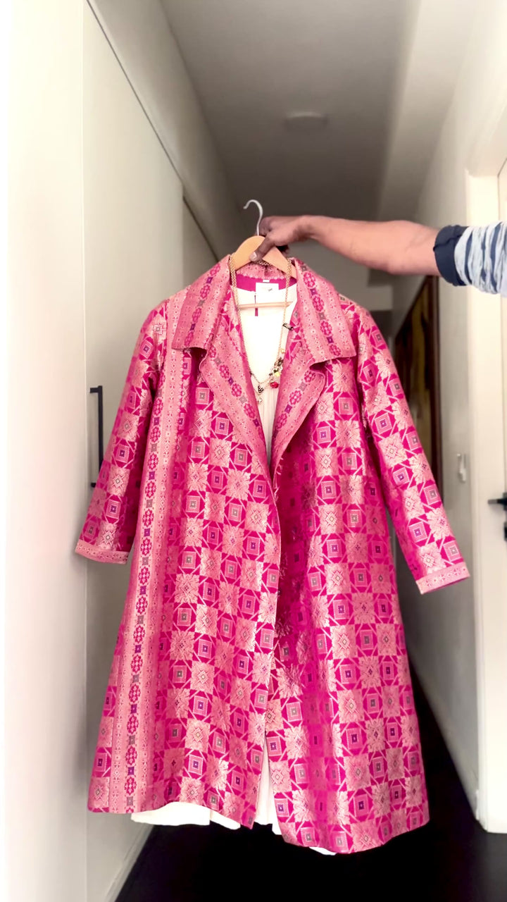 Jama 33, Long Robe Style Coat made with Vintage Zari Silk in Fuschia, XL