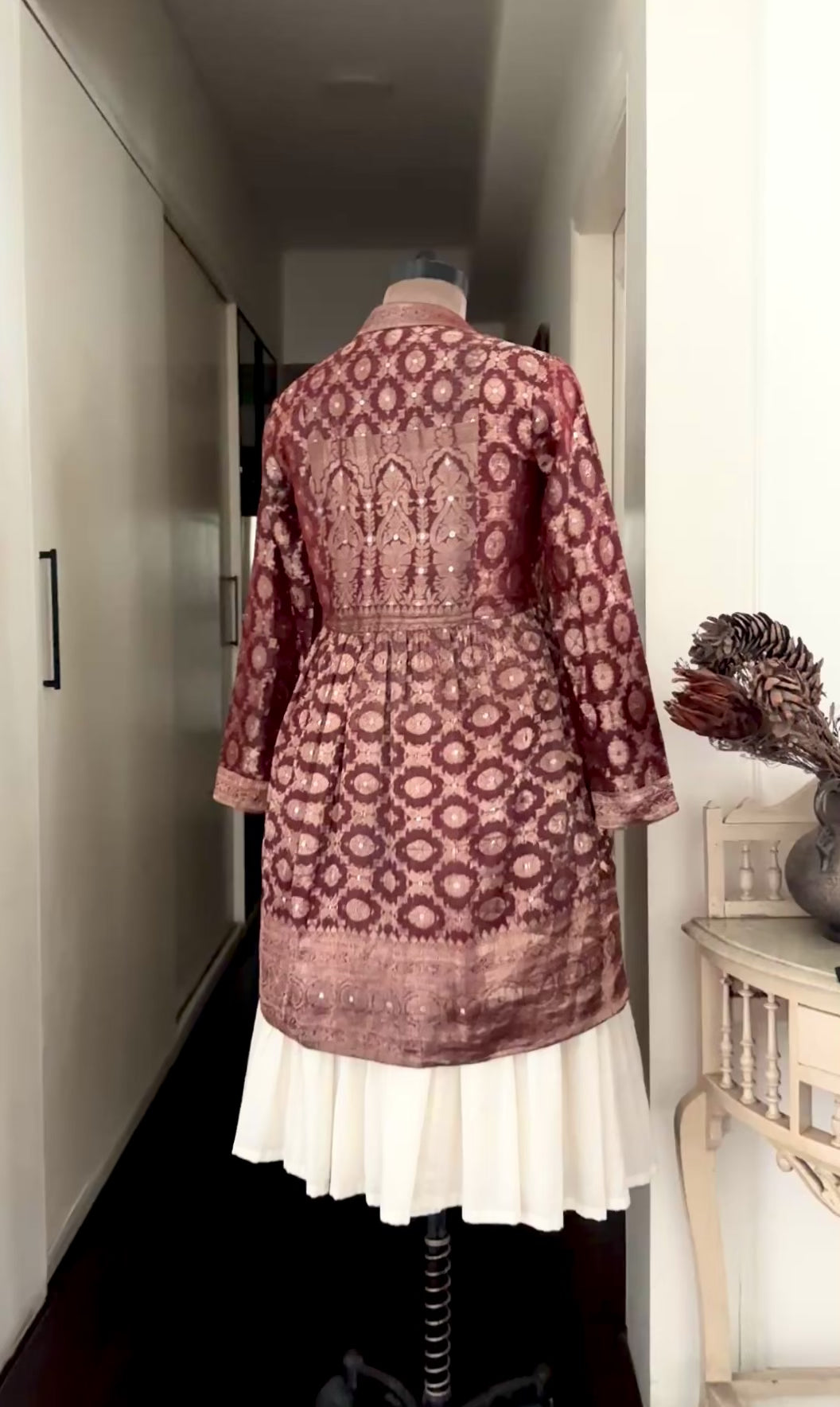 Maryam, Vintage Zari Saree Up Cycled Long Jacket in Gold &amp; Deep Brown, Small