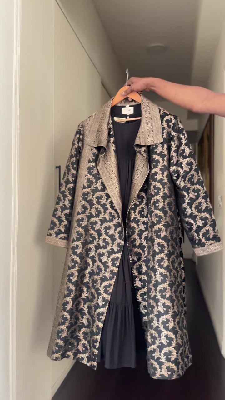 Jama 32, Long Robe Style Coat made with Vintage Zari Silk in Black &amp; Gold, Medium/Large