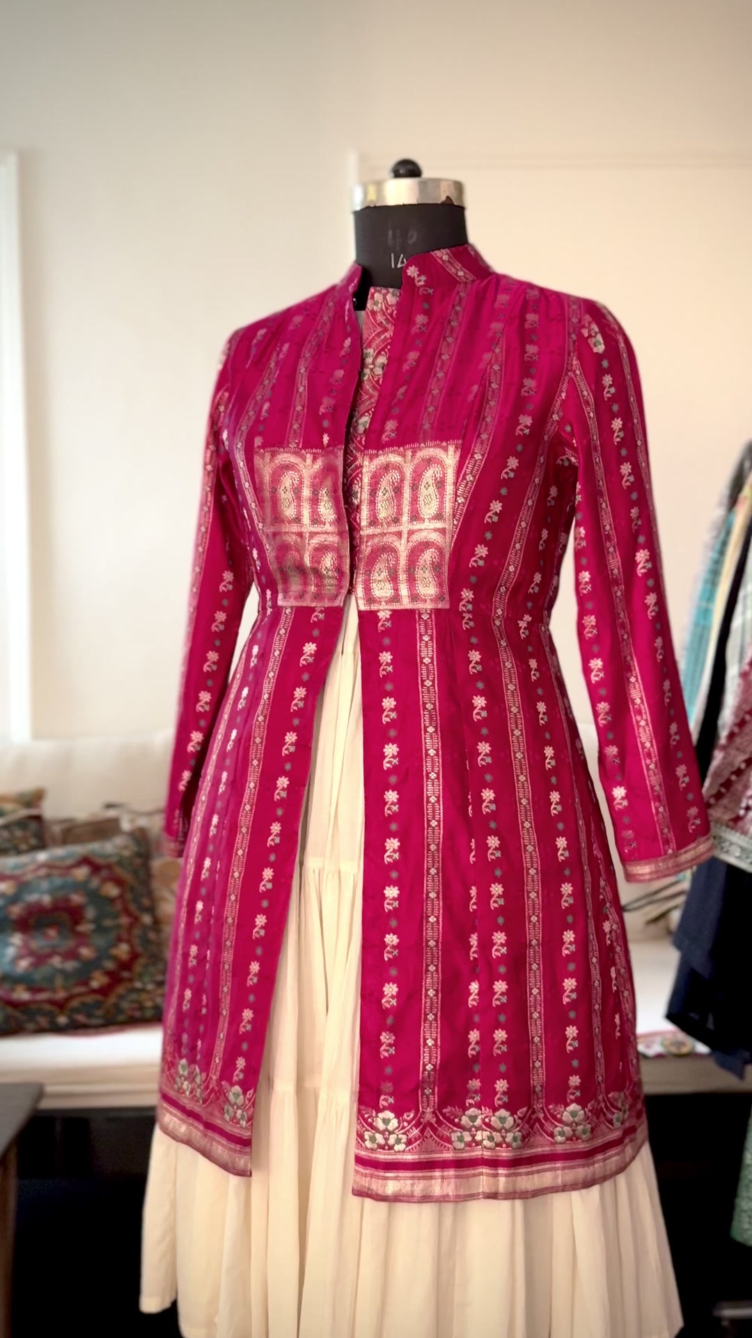 Imaan, Vintage Zari Saree Up Cycled Long Jacket in Vintage Fuschia kinche RARE, L &amp; XL