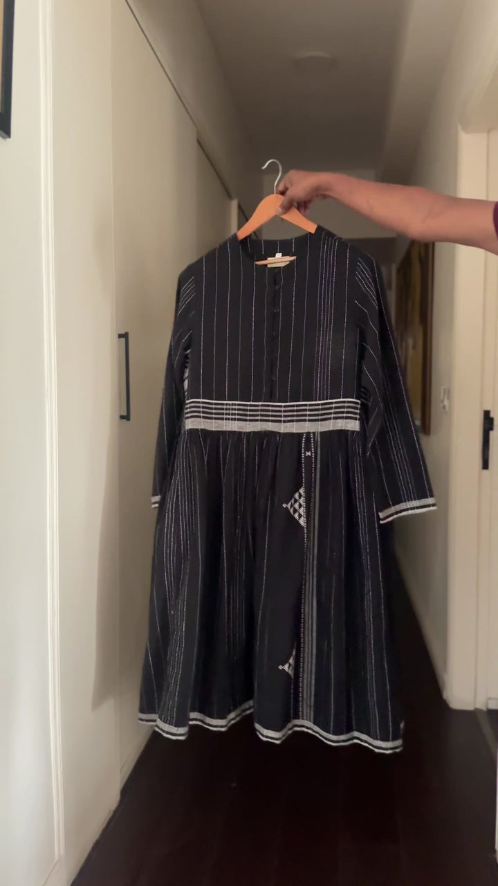Cairo, Kala Cotton Organic Fabric Dress in Black &amp; Off White Pattern