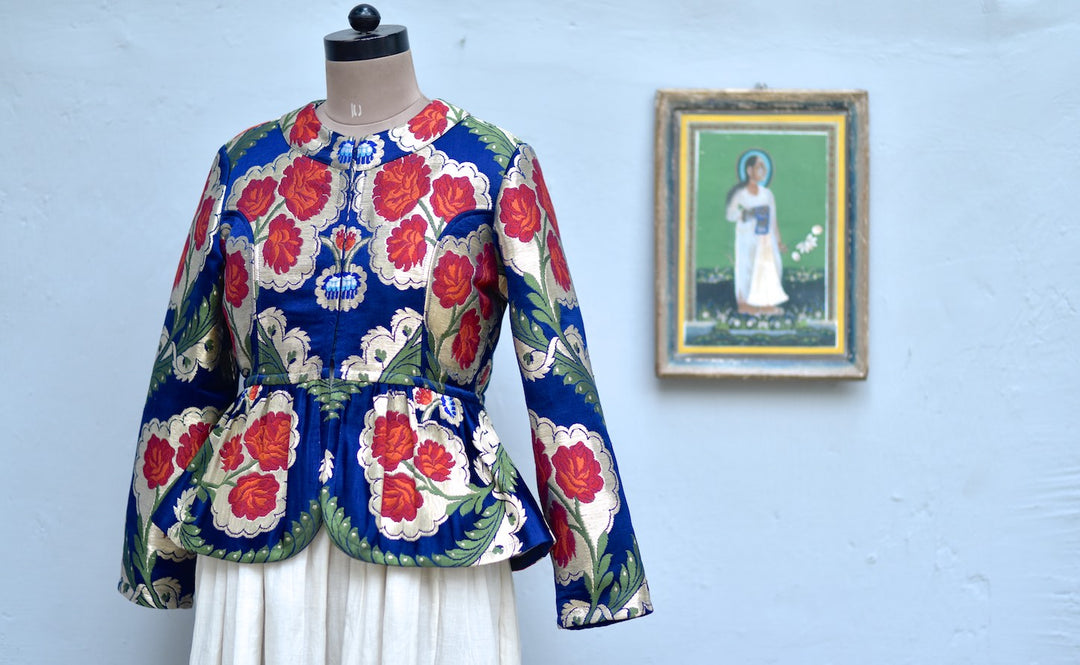 Large, Resoor Yangchen, Gyanta Brocade Jacket in Beautiful Navy Blue &amp; Gold - kinchecom