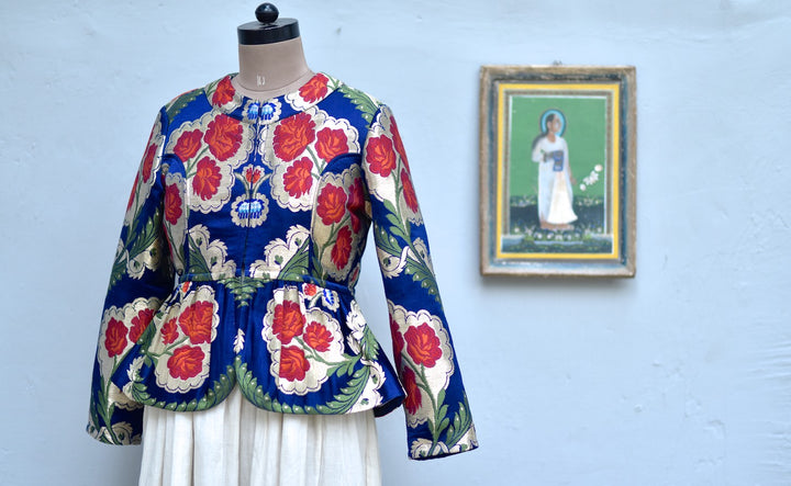 Large, Resoor Yangchen, Gyanta Brocade Jacket in Beautiful Navy Blue &amp; Gold - kinchecom