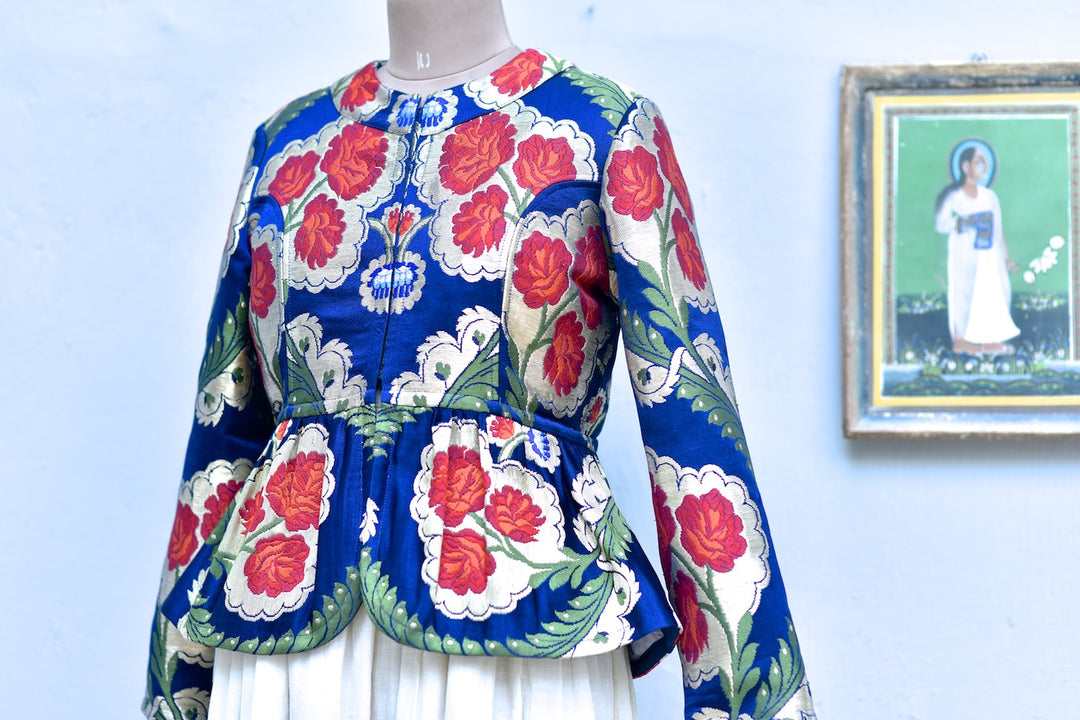 Large, Resoor Yangchen, Gyanta Brocade Jacket in Beautiful Navy Blue &amp; Gold - kinchecom