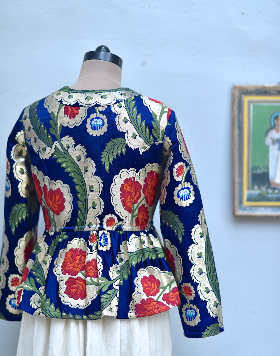 Large, Resoor Yangchen, Gyanta Brocade Jacket in Beautiful Navy Blue & Gold - kinchecom