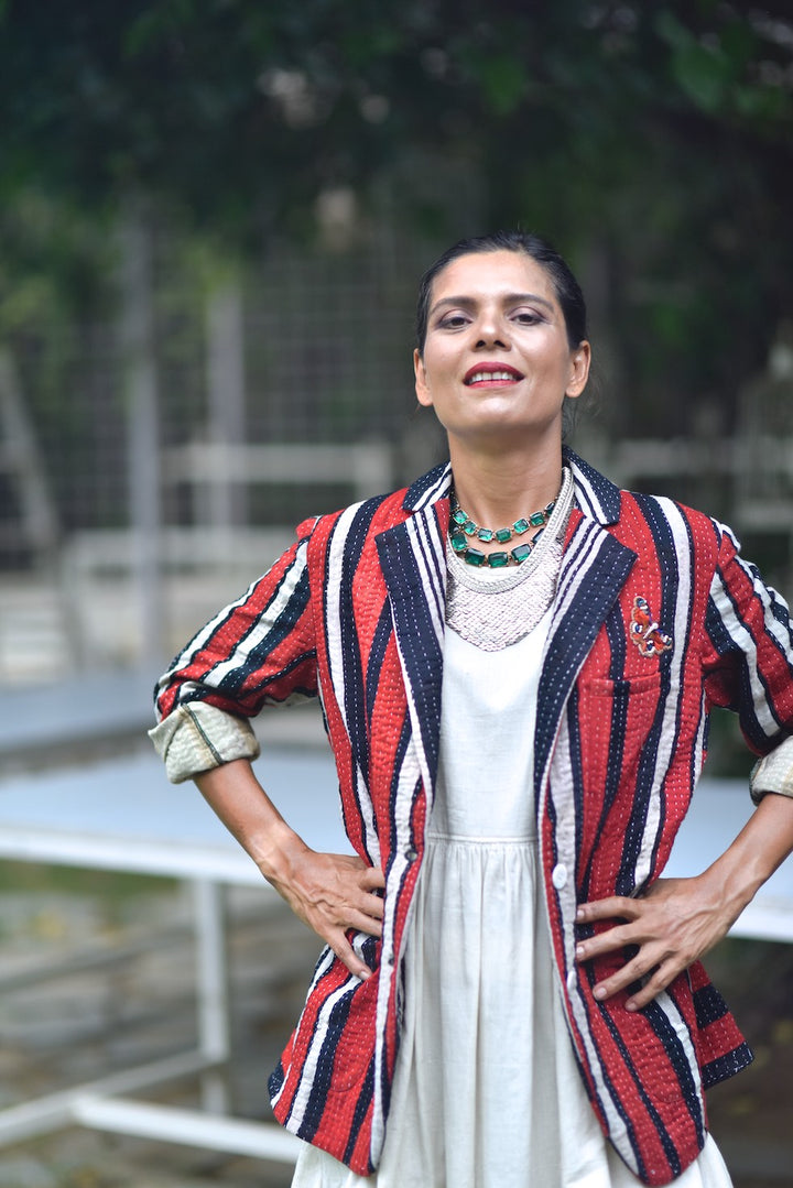 Valerie, X-Large Size, Oversized Boyfriend Blazer, Jacket Made with Vintage Kantha Fabric - kinchecom