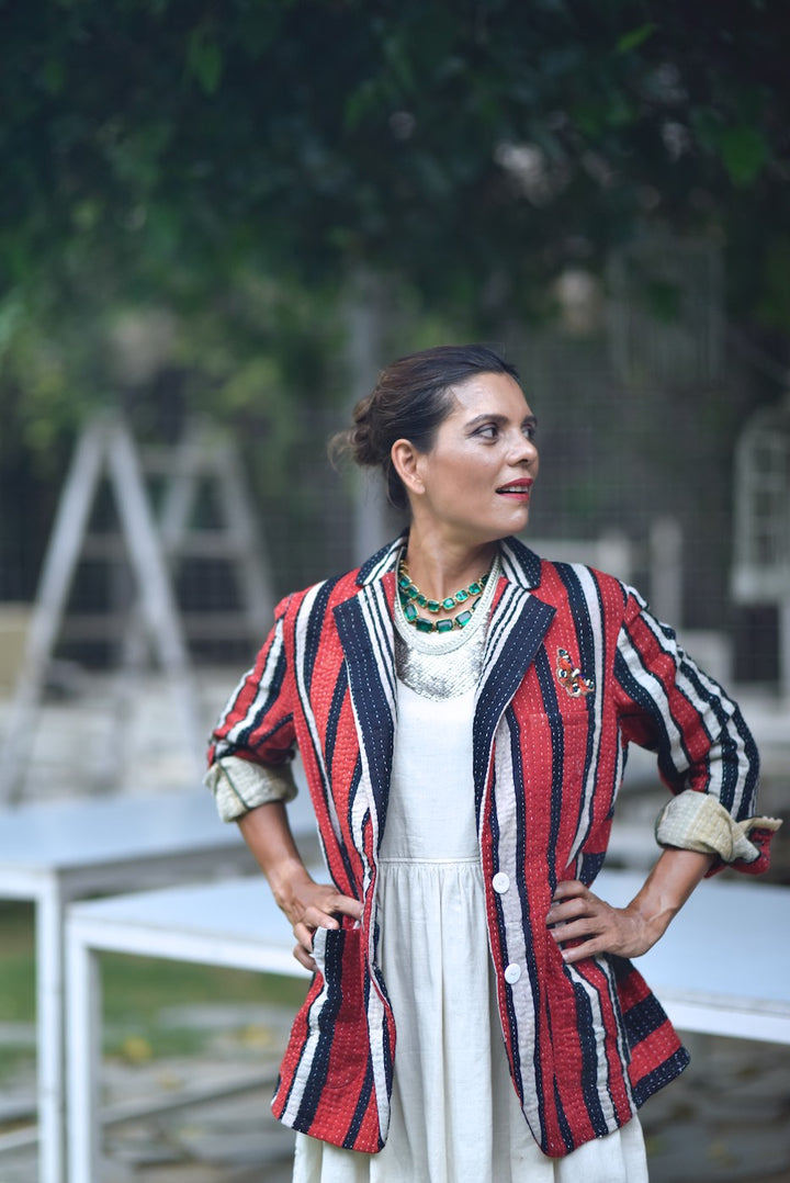 Valerie, X-Large Size, Oversized Boyfriend Blazer, Jacket Made with Vintage Kantha Fabric - kinchecom