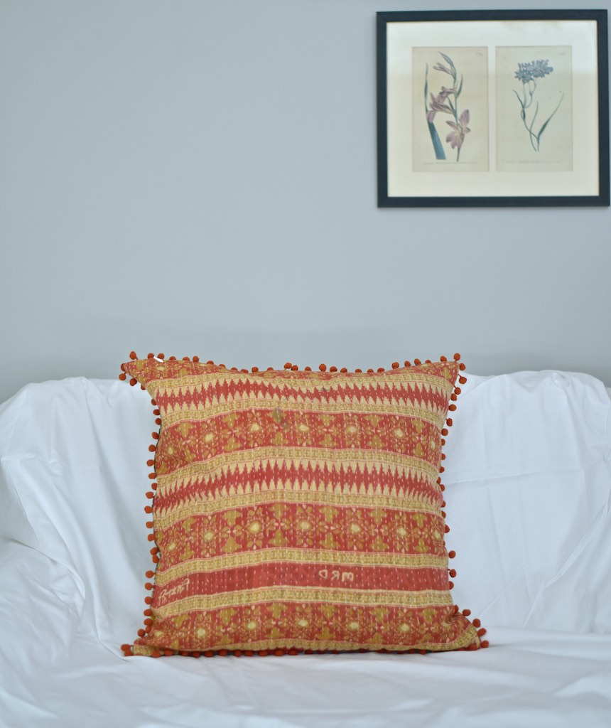Ganga, Reversible Vintage Kantha Cushion Cover With Pom Poms 20X20" - kinchecom