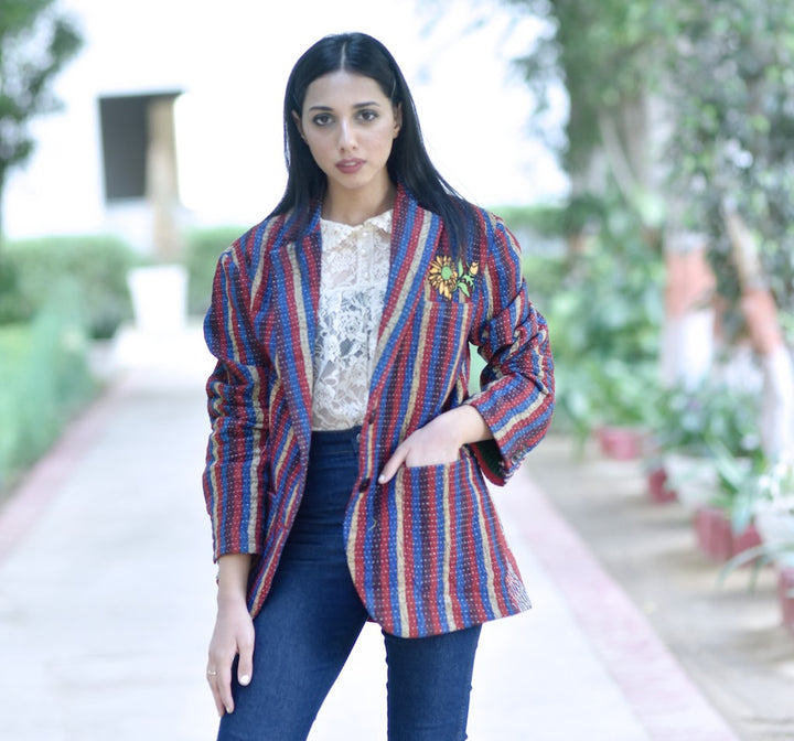 Tyler, X-Large Size, Oversized Boyfriend Blazer, Jacket Made with Vintage Kantha Fabric - kinchecom