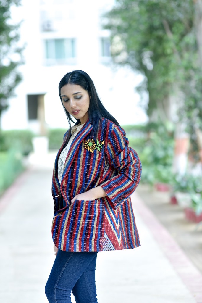 Tyler, X-Large Size, Oversized Boyfriend Blazer, Jacket Made with Vintage Kantha Fabric - kinchecom