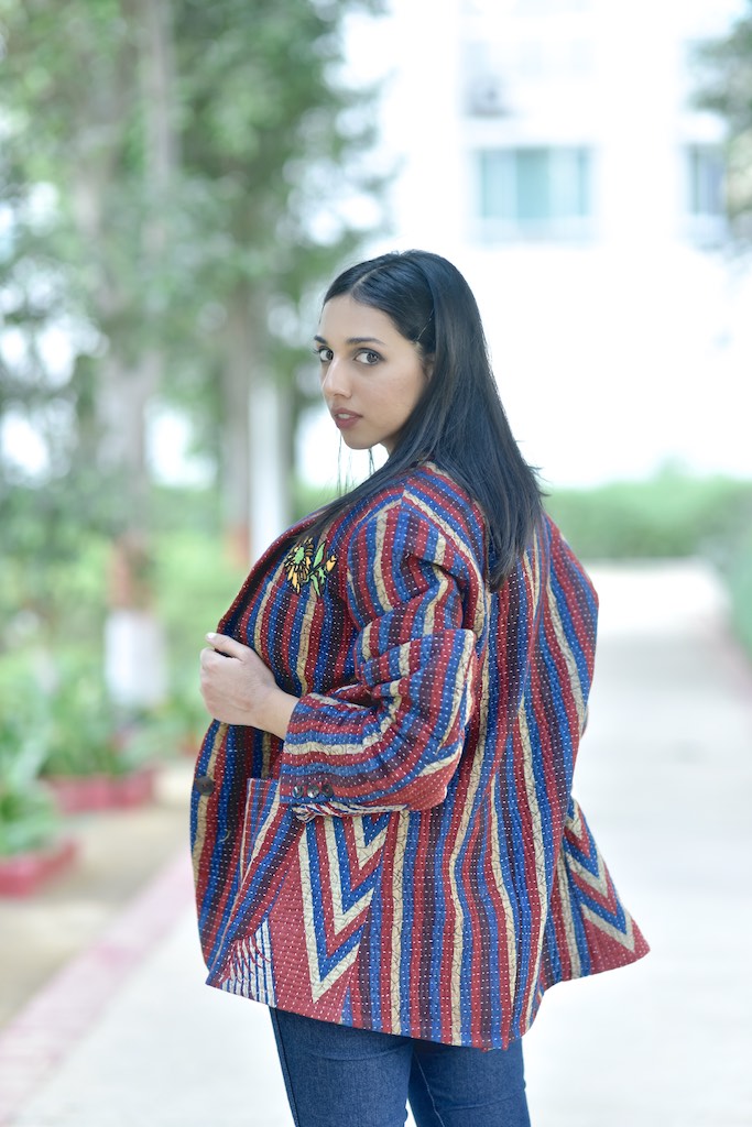 Tyler, X-Large Size, Oversized Boyfriend Blazer, Jacket Made with Vintage Kantha Fabric - kinchecom