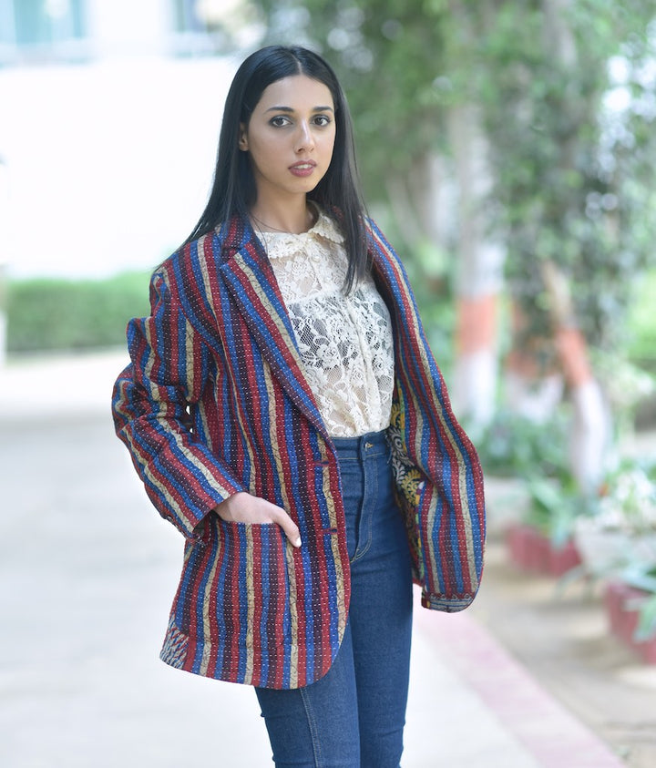 Tyler, X-Large Size, Oversized Boyfriend Blazer, Jacket Made with Vintage Kantha Fabric - kinchecom