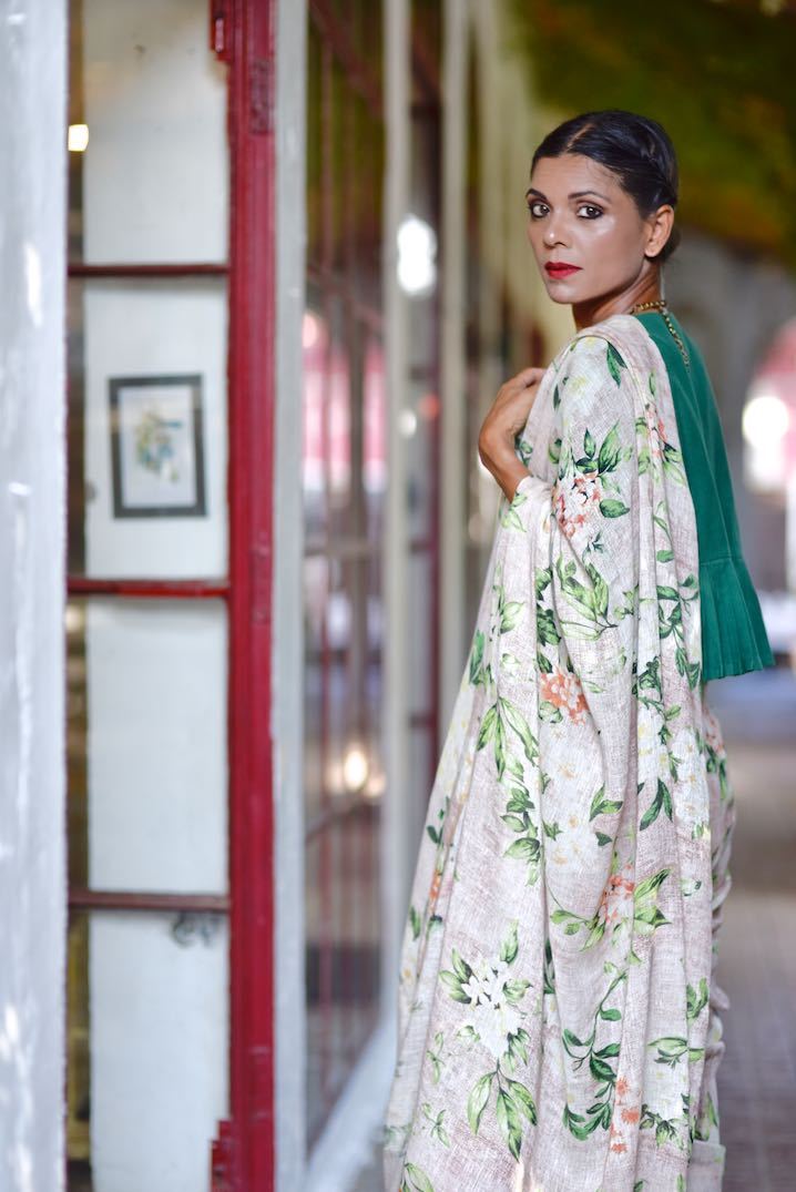 Pench, Organic Linen Saree with Floral Print and Tassels - kinchecom