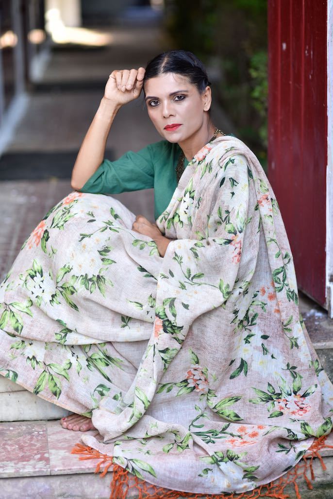 Pench, Organic Linen Saree with Floral Print and Tassels - kinchecom