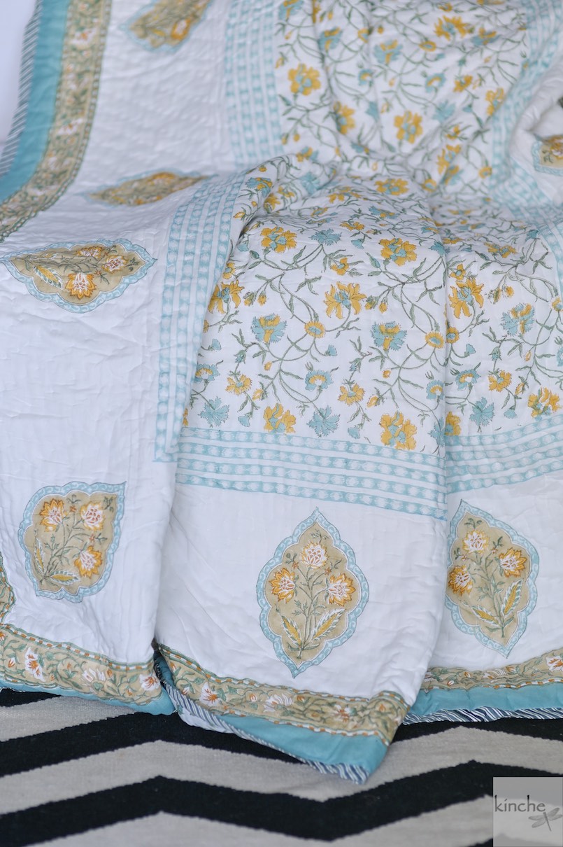 Assam, Vintage Green &amp; Yellow Floral Block Print Quilt Handmade 100X92" - kinchecom
