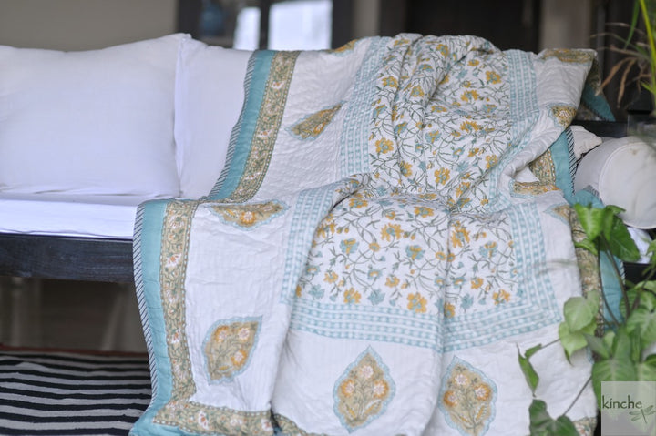 Assam, Vintage Green &amp; Yellow Floral Block Print Quilt Handmade 100X92" - kinchecom