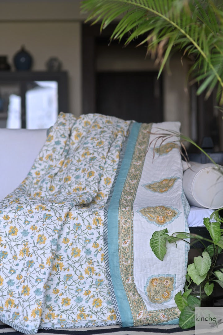 Assam, Vintage Green &amp; Yellow Floral Block Print Quilt Handmade 100X92" - kinchecom