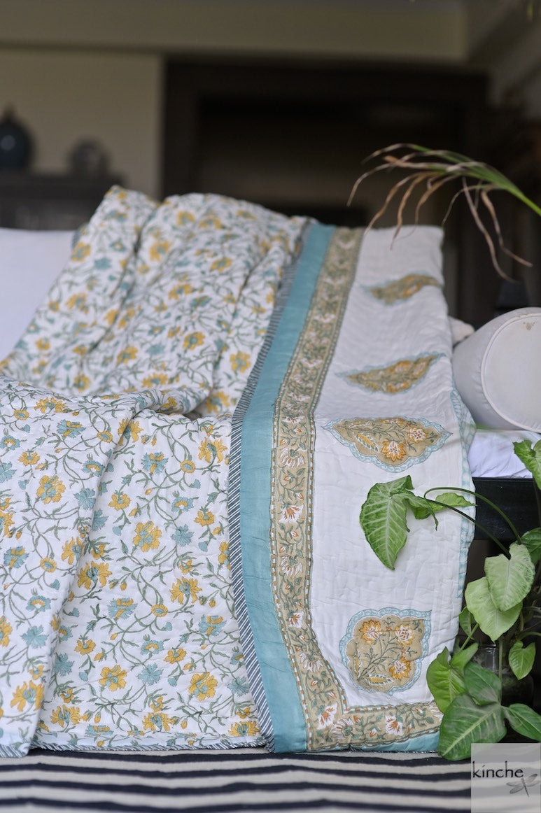 Assam, Vintage Green &amp; Yellow Floral Block Print Quilt Handmade 100X92" - kinchecom