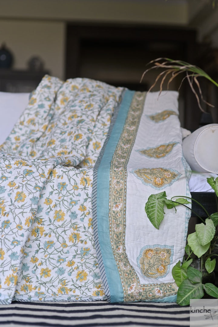 Assam, Vintage Green &amp; Yellow Floral Block Print Quilt Handmade 100X92" - kinchecom