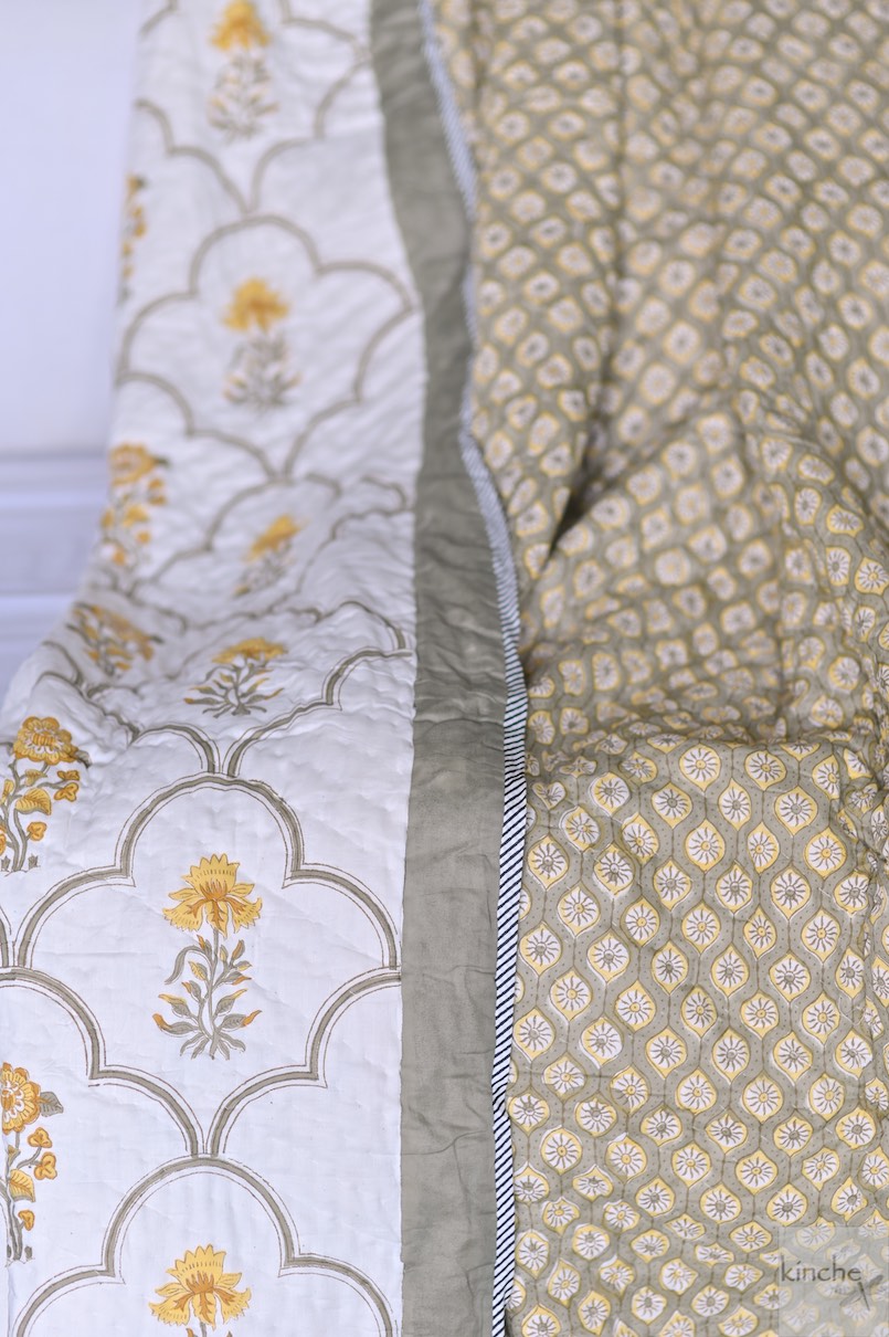 Arunachal, Hand Block Quilt/Razai in a Beautiful Block Print, Handmade 100X92" - kinchecom