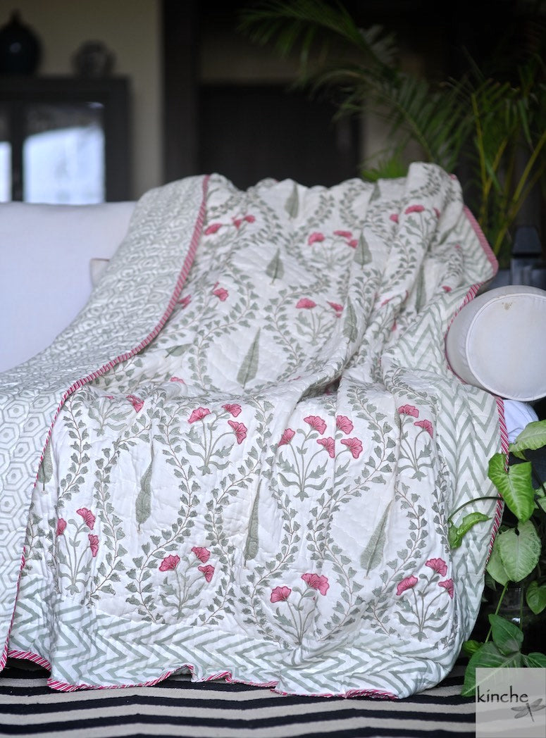 Konkan, Hand Block Quilt/Razai in a Beautiful Block Print, Handmade 100X92" - kinchecom