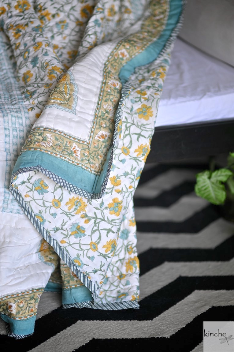 Assam, Vintage Green & Yellow Floral Block Print Quilt Handmade 100X92" - kinchecom