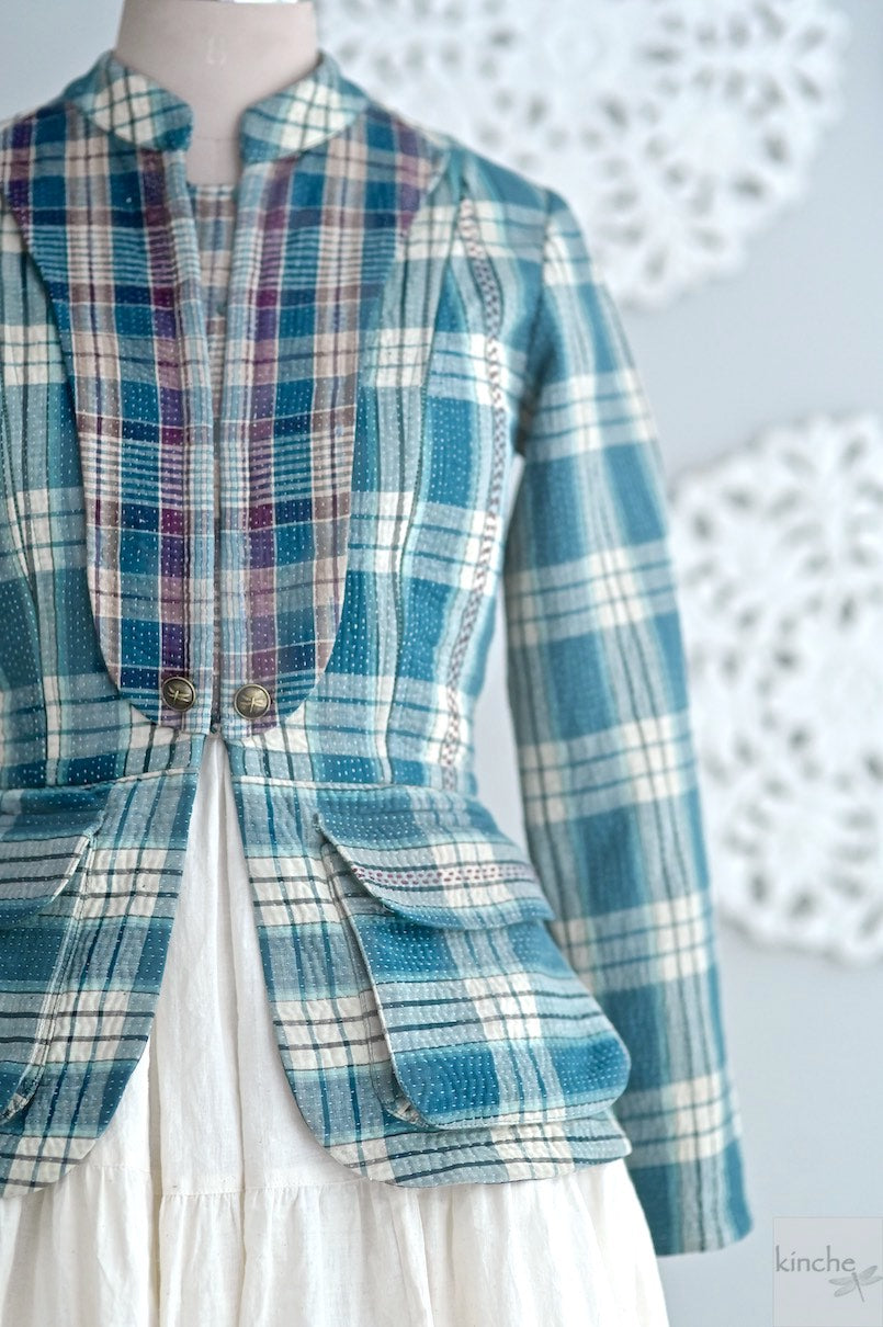 Madras Check quilted kantha jacket by kinche