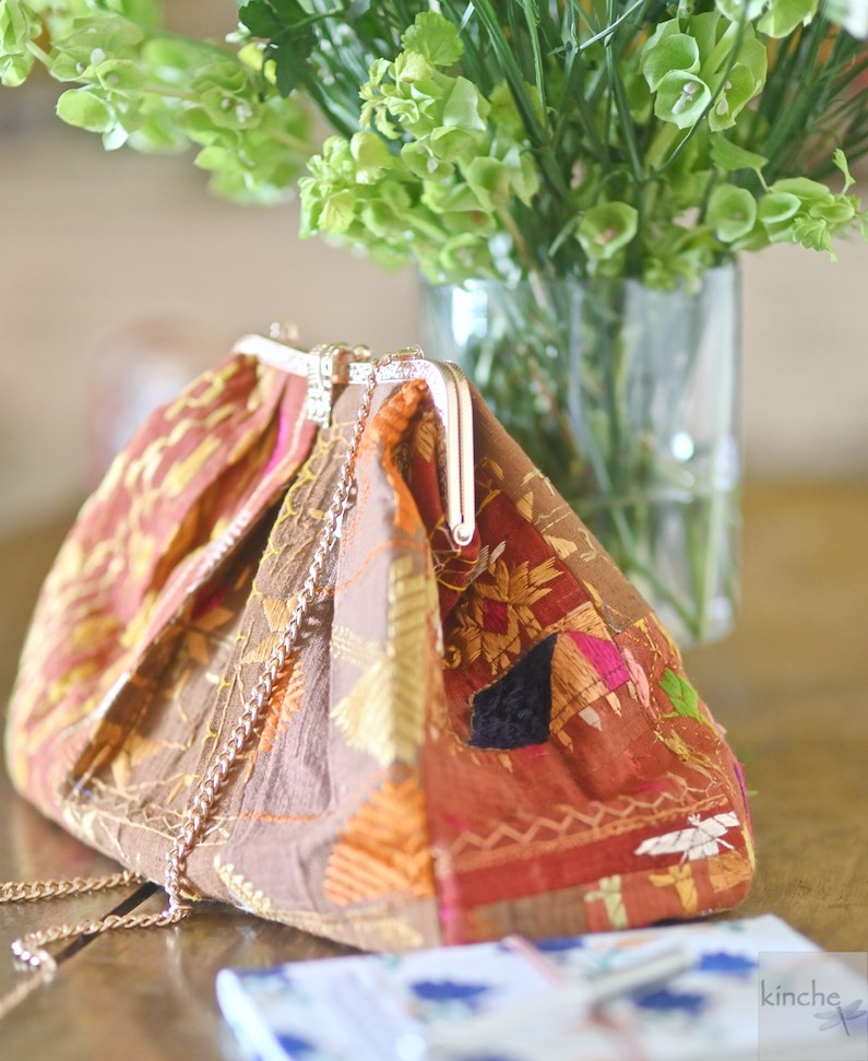 Chloe, Handmade Vintage Phulkari Clasp Handbag, One of a Kind - kinchecom