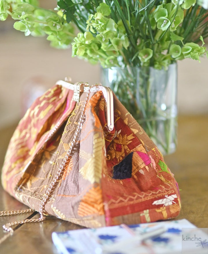 Chloe, Handmade Vintage Phulkari Clasp Handbag, One of a Kind - kinchecom