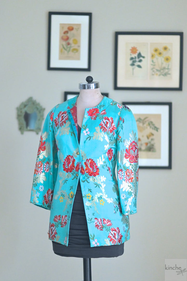 S/M Resoor, Hand Crafted Pure Brocade Thigh Length Jacket in Tiffany Blue - kinchecom