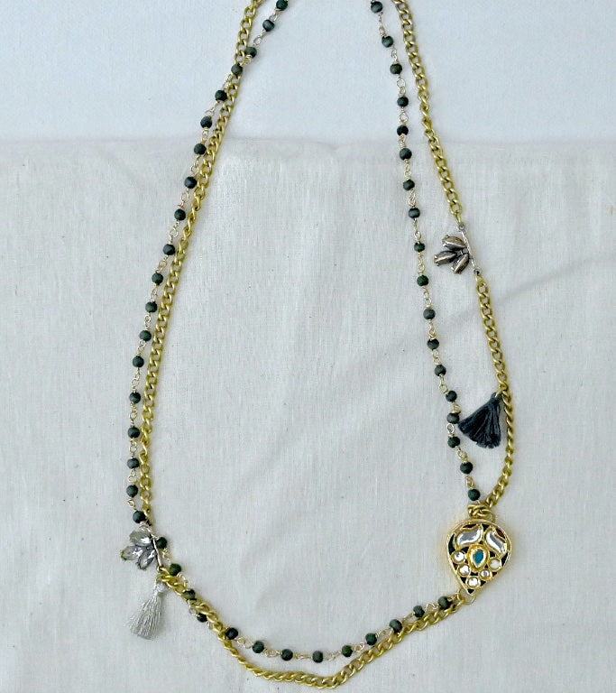 Blythe, Kundan/Polki Pendant, Brass Chain, Glass Beads &amp; Tassels Necklace - kinchecom